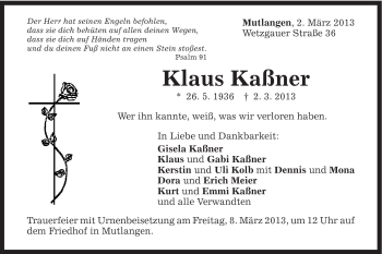 Traueranzeige von Klaus Kaßner von Gmünder Tagespost