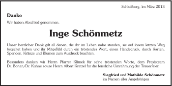 Traueranzeige von Inge Schönmetz von 082