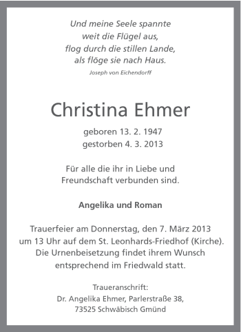 Traueranzeige von Christina Ehmer von Gmünder Tagespost