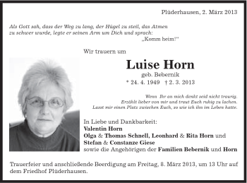 Traueranzeige von Luise Horn von Gmünder Tagespost
