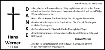 Traueranzeige von Hans Werner von Schwäbische Post