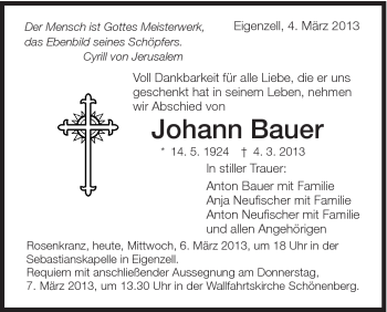 Traueranzeige von Johann Bauer von Schwäbische Post