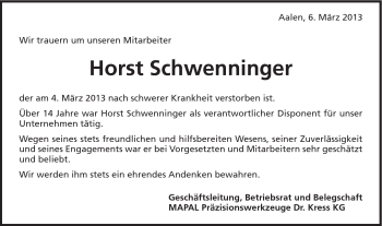 Traueranzeige von Horst Schwenninger von Schwäbische Post