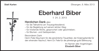 Traueranzeige von Eberhard Biber von Schwäbische Post