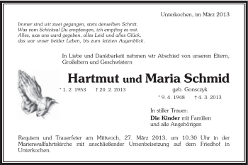 Traueranzeige von Hartmut und Maria Schmid von Schwäbische Post