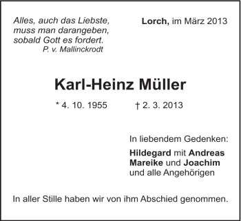 Traueranzeige von Karl-Heinz Müller von Gmünder Tagespost