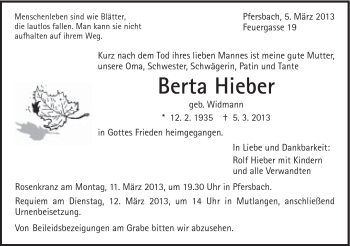 Traueranzeige von Berta Hieber von Gmünder Tagespost