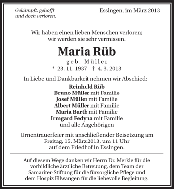 Traueranzeige von Maria Rüb von Schwäbische Post