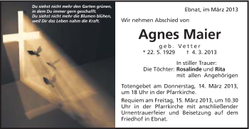 Traueranzeige von Agnes Maier von Schwäbische Post