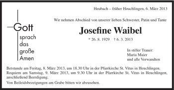 Traueranzeige von Josefine Waibel von Gmünder Tagespost