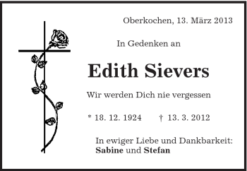 Traueranzeige von Edith Sievers von Schwäbische Post