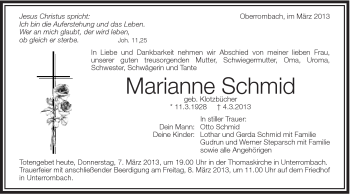 Traueranzeige von Marianne Schmid von Schwäbische Post