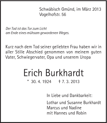 Traueranzeige von Erich Burkhardt von Gmünder Tagespost