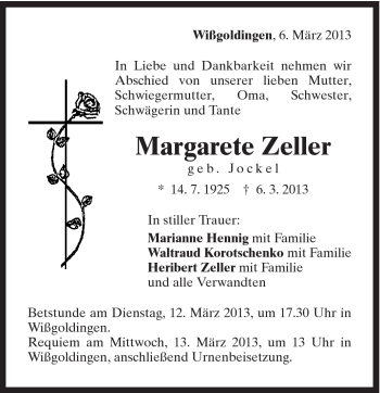 Traueranzeige von Margarete Zeller von Gmünder Tagespost