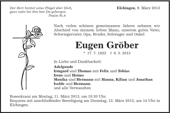 Traueranzeige von Eugen Gröber von Schwäbische Post