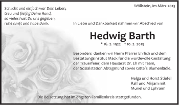 Traueranzeige von Hedwig Barth von Schwäbische Post