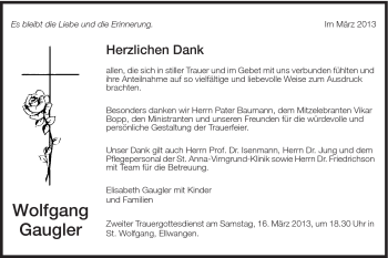 Traueranzeige von Wolfgang Gaugler von Schwäbische Post