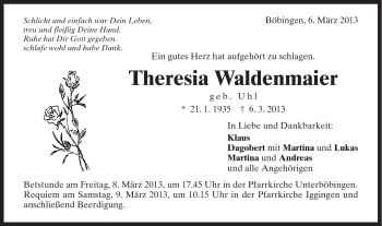 Traueranzeige von Theresia Waldenmaier von Gmünder Tagespost