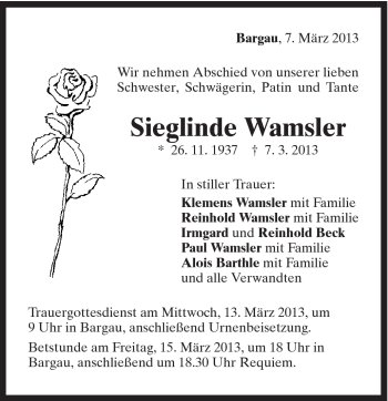 Traueranzeige von Sieglinde Wamsler von Gmünder Tagespost