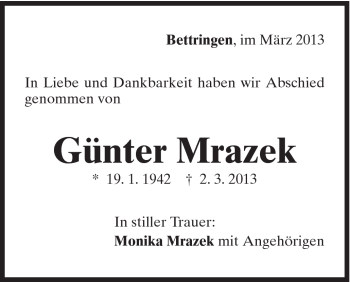 Traueranzeige von Günter Mrazek von Gmünder Tagespost