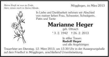 Traueranzeige von Marianne Heger von Gmünder Tagespost