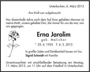 Traueranzeige von Erna Jarolim von Schwäbische Post