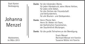 Traueranzeige von Johanna Menzel von Gmünder Tagespost