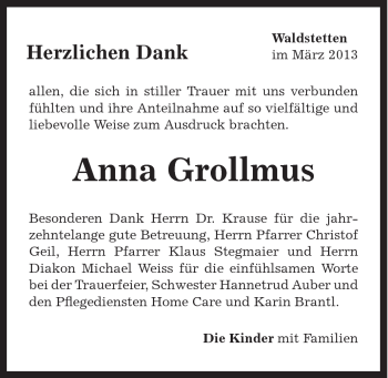 Traueranzeige von Anna Grollmus von Gmünder Tagespost