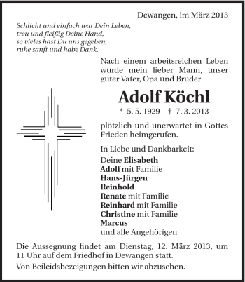 Traueranzeige von Adolf Köchl von Schwäbische Post