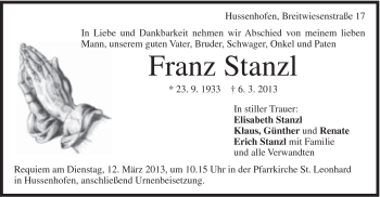 Traueranzeige von Franz Stanzl von Gmünder Tagespost