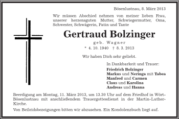 Traueranzeige von Gertraud Bolzinger von Schwäbische Post