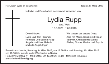 Traueranzeige von Lydia Rupp von Schwäbische Post
