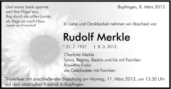 Traueranzeige von Rudolf Merkle von Schwäbische Post