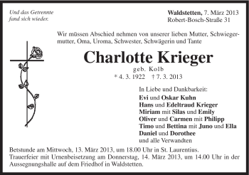 Traueranzeige von Charlotte Krieger von Gmünder Tagespost