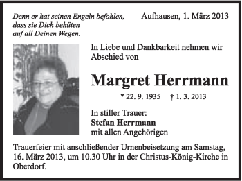 Traueranzeige von Margret Hermann von Schwäbische Post