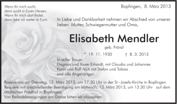 Traueranzeige von Elisabeth Mendler von Schwäbische Post