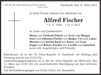 Traueranzeige von Alfred Fischer von Schwäbische Post