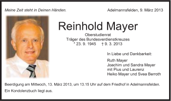 Traueranzeige von Reinhold Mayer von Schwäbische Post