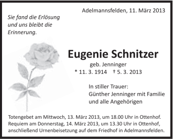 Traueranzeige von Eugenie Schnitzer von Schwäbische Post