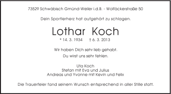 Traueranzeige von Lothar Koch von Gmünder Tagespost