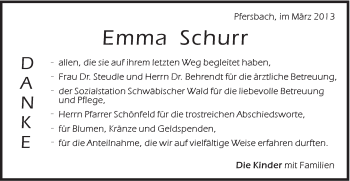 Traueranzeige von Emma Schurr von Gmünder Tagespost