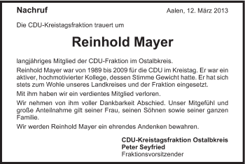 Traueranzeige von Reinhold Mayer von Schwäbische Post