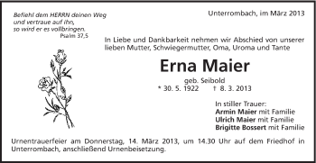 Traueranzeige von Erna Maier von Schwäbische Post