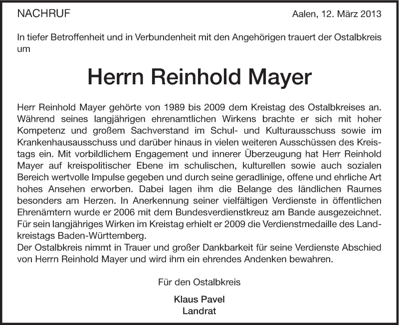  Traueranzeige für Reinhold Mayer vom 12.03.2013 aus Schwäbische Post