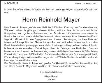 Traueranzeige von Reinhold Mayer von Schwäbische Post