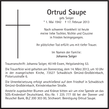Traueranzeige von Ortrud Saupe von Gmünder Tagespost