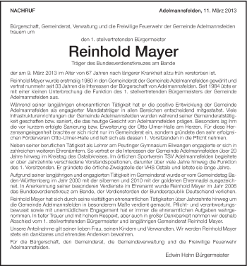Traueranzeige von Reinhold Mayer von Schwäbische Post