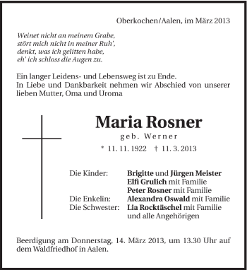 Traueranzeige von Maria Rosner von Schwäbische Post