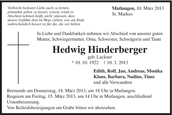 Traueranzeige von Hedwig Hinderberger von Gmünder Tagespost