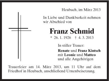 Traueranzeige von Franz Schmid von Gmünder Tagespost